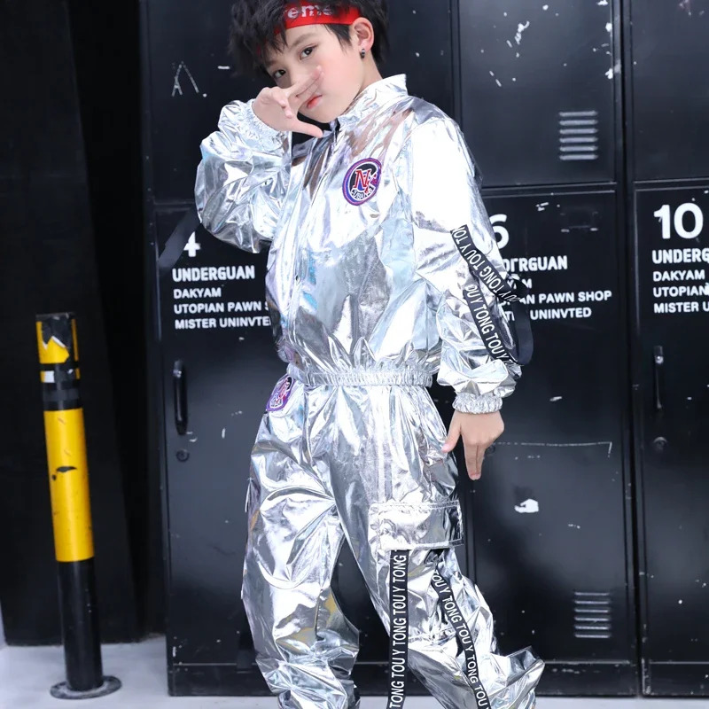 Boys Hip Hop Sliver Jacket Clothes Set Kids Sequins Street Dance Costumes