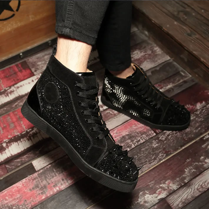 Black Flock Crystal Bottom Lace-Up Casual Shoes Plate Shoes Size